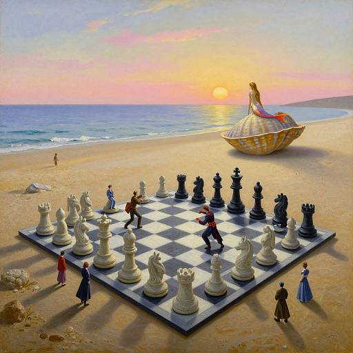 Digital painting: Giant chessboard on beach at sunset, oversized queen on shell, six smaller people playing, vibrant colors, surreal style.