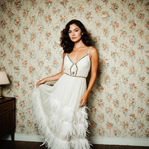 Elegant Woman in White Feather Dress