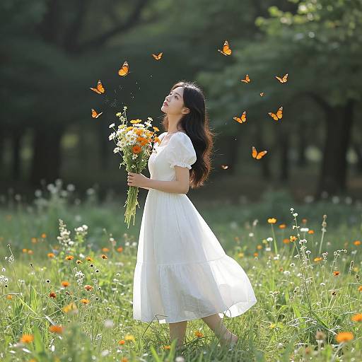 Photograph of a young Asian woman in a white dress, holding a bouquet of flowers, surrounded by orange butterflies, standing in a sunlit meadow