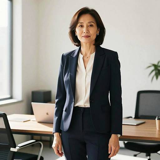 Photograph of a middle-aged Asian woman with shoulder-length dark brown hair, wearing a navy blazer and white shirt, standing in a brightly lit office