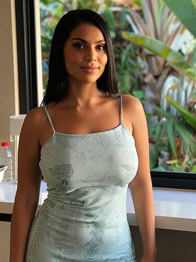 Photograph of a smiling Indian woman with long black hair, wearing a light blue, floral-patterned, spaghetti-strap dress, standing by a window