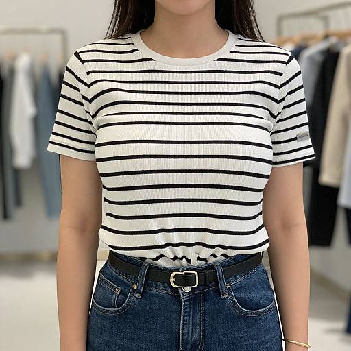 Photograph of an Asian woman with long black hair, wearing a white, black-striped short-sleeve shirt and high-waisted blue jeans,