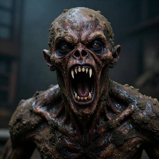 Grotesque Mud-Covered Creature Close-Up Dimly Lit