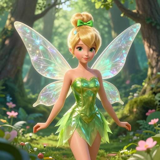 Digital art of a cute, blonde, fairy girl with green wings, green dress, and bow in a sunlit forest.