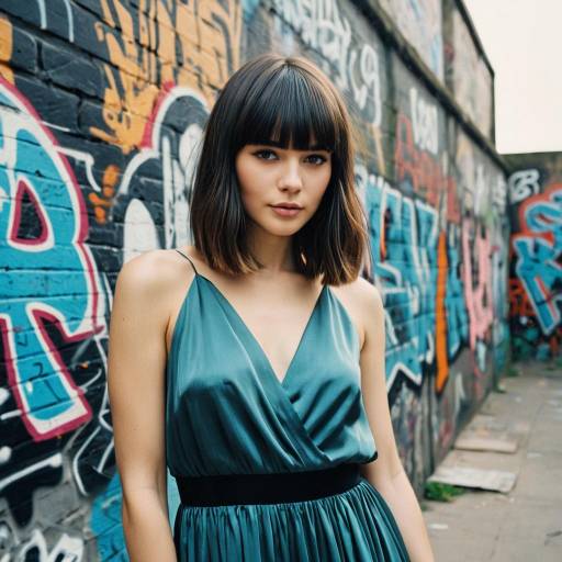 Woman with Bangs in Silk Dress Against Graffiti Wall