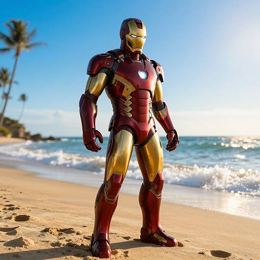 Photograph of Iron Man standing on a sunny, sandy beach with waves and palm trees in the background. Bright blue sky, golden armor, red and
