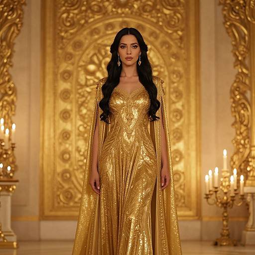Photograph of a stunning woman with long black hair in a shimmering gold gown, standing in an opulent, gold-accented room with orn