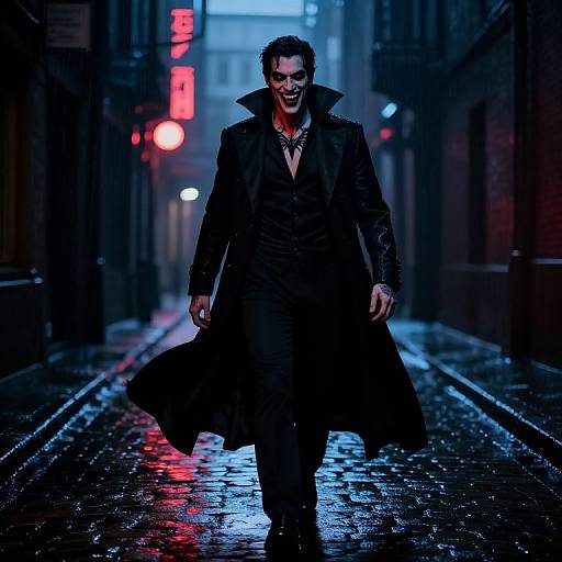 Photograph of a dark-haired man in a black trench coat, smiling menacingly on a wet, neon-lit city street at night.