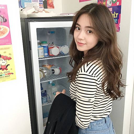 Photograph of an Asian woman with long brown hair, wearing a striped shirt and blue jeans, standing beside an open fridge with various food items inside,