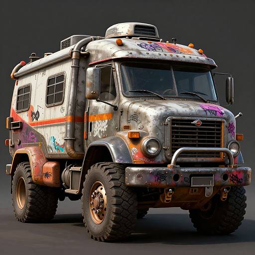 Photorealistic CGI of a heavily modified, silver off-road truck with colorful graffiti, large tires, and a rugged, industrial look.