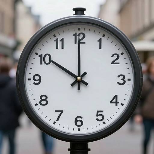 Photograph of a black, round, street clock with white face and black numbers, showing 10:10, against a blurred urban background.