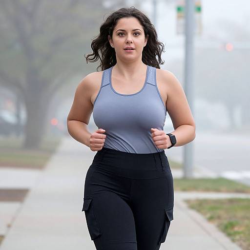 Photograph of a fit, fair-skinned woman with curly black hair, wearing a blue tank top and black pants, jogging on a foggy sidewalk