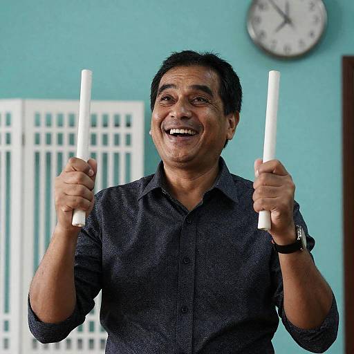 Smiling Man with Batons Against Teal Wall