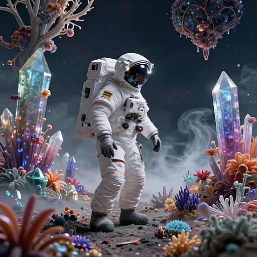 Digital artwork of an astronaut in a white spacesuit standing amidst a vibrant, alien landscape with glowing crystals, colorful flora, and a starry night sky