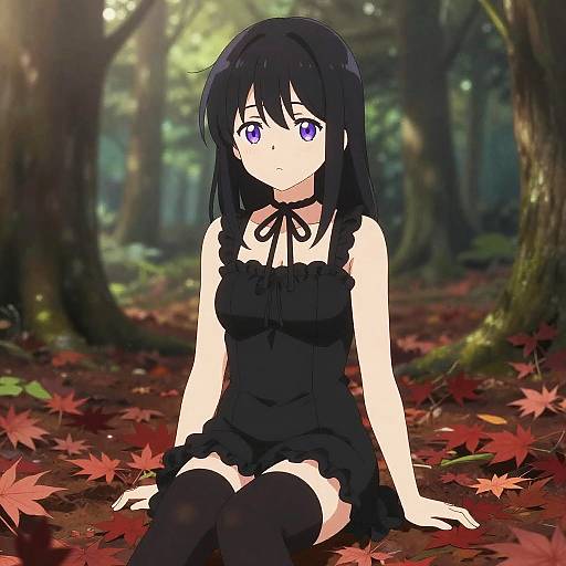 Anime-style digital illustration of a sad-looking girl with black hair and purple eyes, wearing a black dress and thigh-high socks, sitting on red autumn leaves