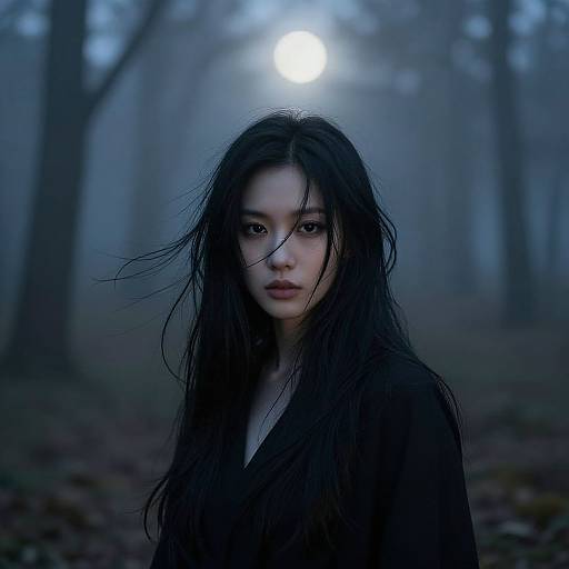 Digital artwork of a mysterious, young Asian woman with long, messy black hair, wearing a dark cloak, standing in a misty forest under a glowing