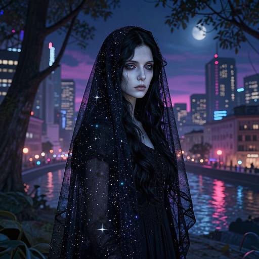 Digital artwork of a pale-skinned, dark-haired woman in a starry black veil, standing by a moonlit city canal at night.