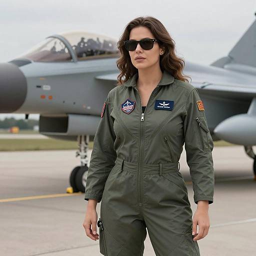 Confident Woman in Flight Suit by Jet