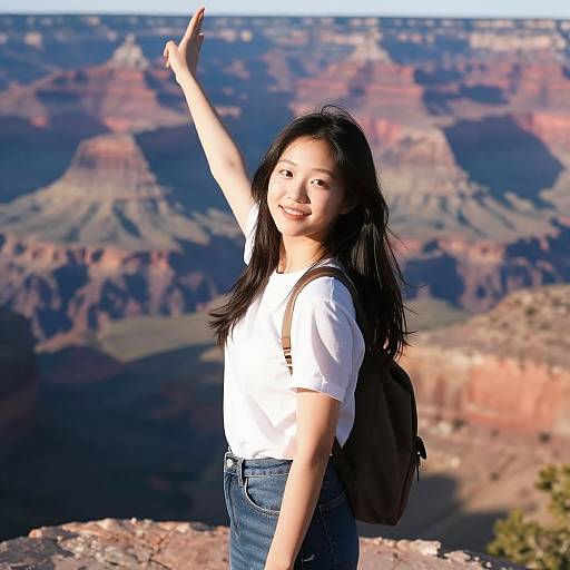 Asian woman with long black hair, white t-shirt, blue jeans, and black backpack, smiling, raising arm, standing on Grand Canyon ledge.