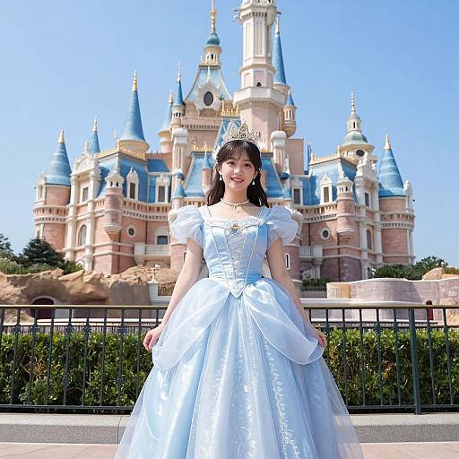 Photograph of an Asian woman in a white princess dress and tiara, standing in front of a colorful, blue-turreted Disney castle.