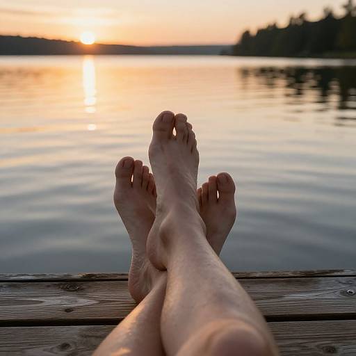 Sunset Feet on Calm Lake Dock