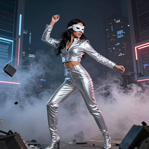 Photograph of a fierce woman in silver metallic crop top and pants, mask, high heels, and long black hair, dancing in smoky, neon