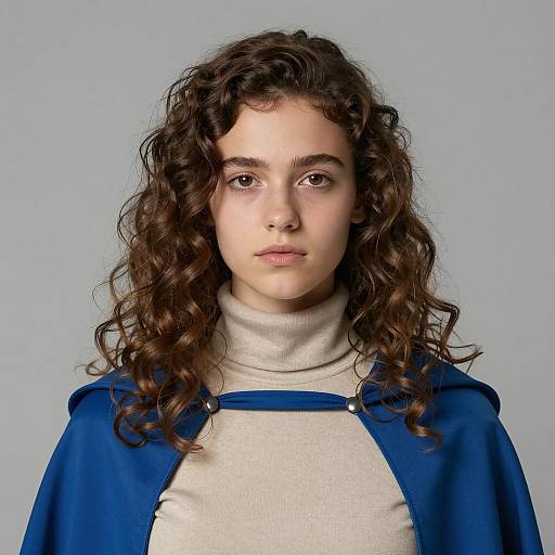 Young Woman Wearing Blue Cape and Beige Turtleneck