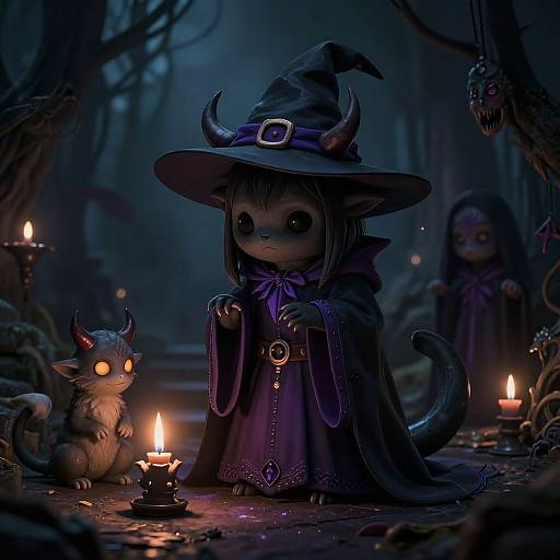 Digital artwork of a cute, dark-furred, witch-like creature with horns, large eyes, and a purple robe, surrounded by candles and a glowing