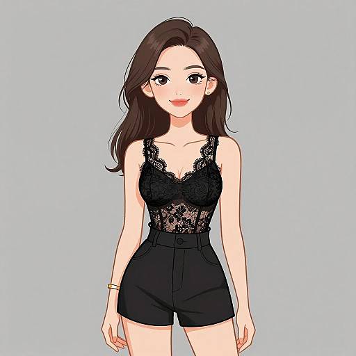 Digital anime-style drawing of a smiling young woman with long brown hair, wearing a black lace top and high-waisted black shorts.