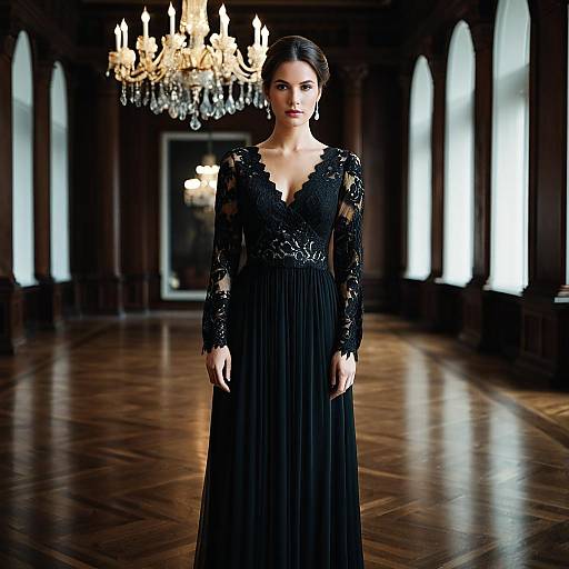Elegant Woman in Black Lace Dress in Opulent Hall