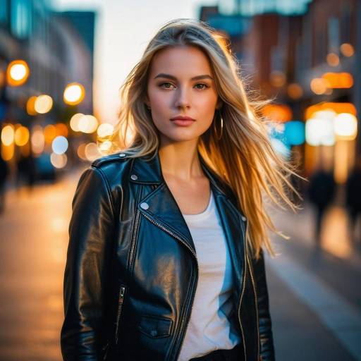 Young Blonde Woman in Leather Jacket on City Street