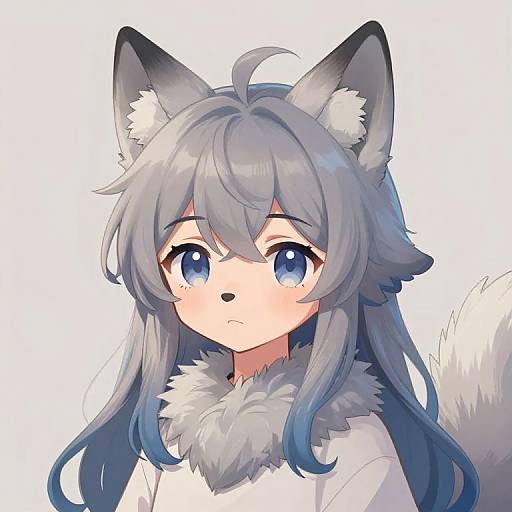 Digital anime-style drawing of a cute, young, gray-haired, blue-eyed girl with wolf ears and tail, wearing a white fur-trimmed top