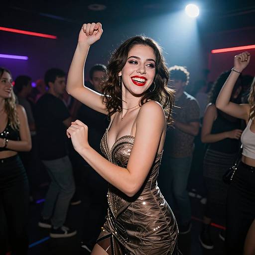 Photograph of a smiling woman with red lipstick dancing in a club, wearing a sparkly, strapless brown dress, surrounded by other partygoers