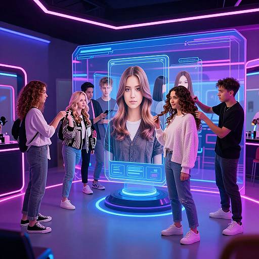 Photorealistic digital image of a neon-lit room with six young people, featuring a holographic portrait of a blonde woman in the center. They
