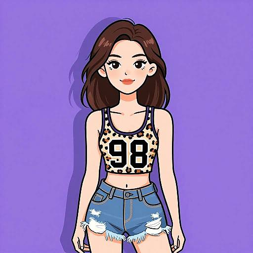Digital anime-style drawing of a cute young woman with brown hair, wearing a leopard print crop top with 
