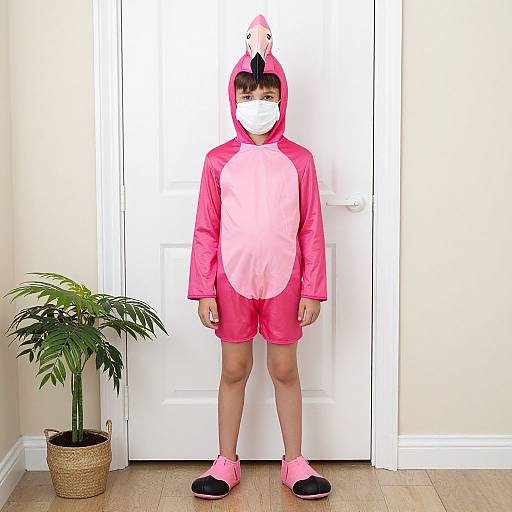 Photograph of a young child wearing a pink rabbit costume with white belly, pink shorts, and face mask, standing in front of a white door with
