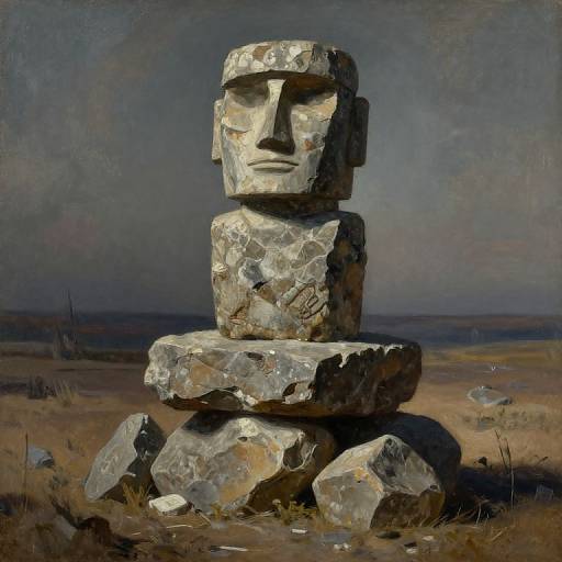 Photorealistic painting of a Moai statue stack in a desolate, rocky landscape under a cloudy, darkening sky. Weathered stone textures prominent