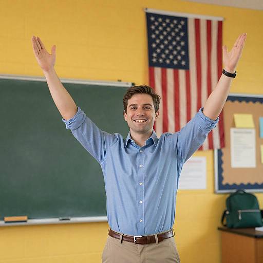 Smiling Teacher in Classroom Setting