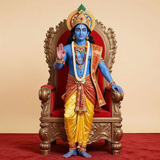 Photograph of a vibrant blue statue of Lord Krishna, seated on an ornate golden throne, wearing yellow dhoti, red sash, gold
