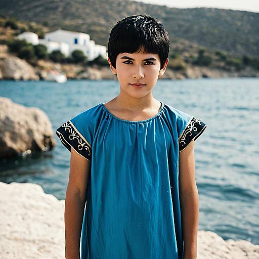 Boy in Greek Fancy Dress by the Water