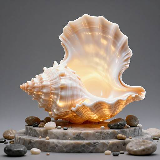 Photorealistic CGI of an illuminated, translucent, orange-tinted shell on a stone pedestal surrounded by assorted smooth pebbles.