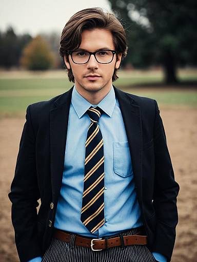 Young Man in Formal Suit and Striped Necktie Outdoors