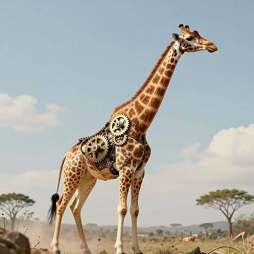 Photograph of a tall, patterned giraffe with brown and white spots, standing in a sunny, open savanna with scattered trees and a clear