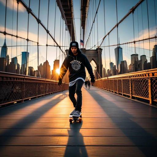 Skateboarder on Brooklyn Bridge at Sunset