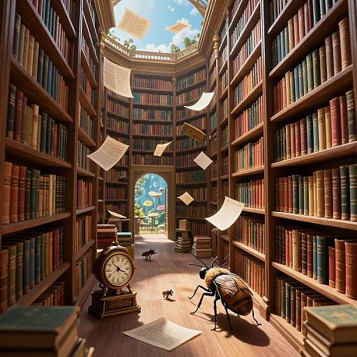 Photograph of a sunlit, circular library with floating papers, wooden shelves, antique clock, cat, and a beetle on the floor.