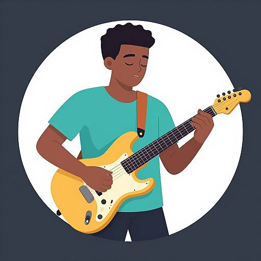 Digital illustration of a dark-skinned man with short black hair, wearing a turquoise shirt, playing a yellow electric guitar with closed eyes, set against a