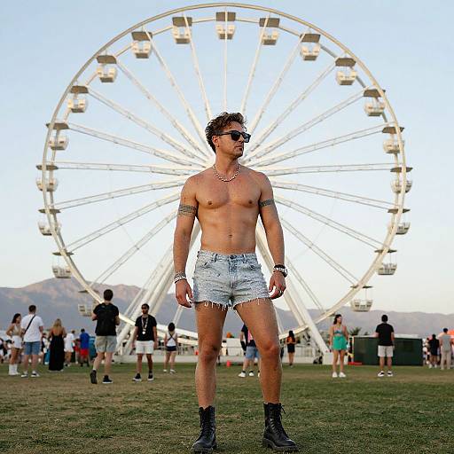 Shirtless man with tattoos, denim shorts, black boots, and sunglasses stands in front of a large Ferris wheel at a fairground.