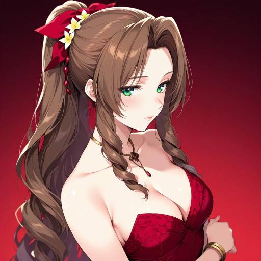 Illustration of Aerith gainsborough (red dress), final fantasy in the style of Kuroemon