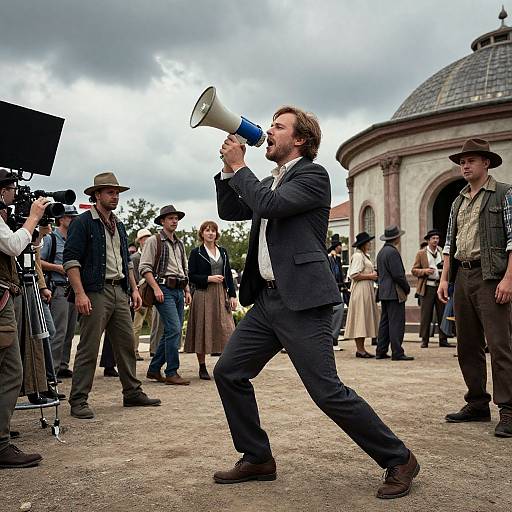 Photograph of a bearded man in a black suit passionately speaking into a blue megaphone, surrounded by people in vintage attire and film crew members
