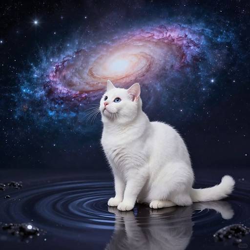 Photograph-like digital artwork of a white cat with blue eyes sitting on a reflective, ripples-in-water surface, gazing at a vibrant, glowing